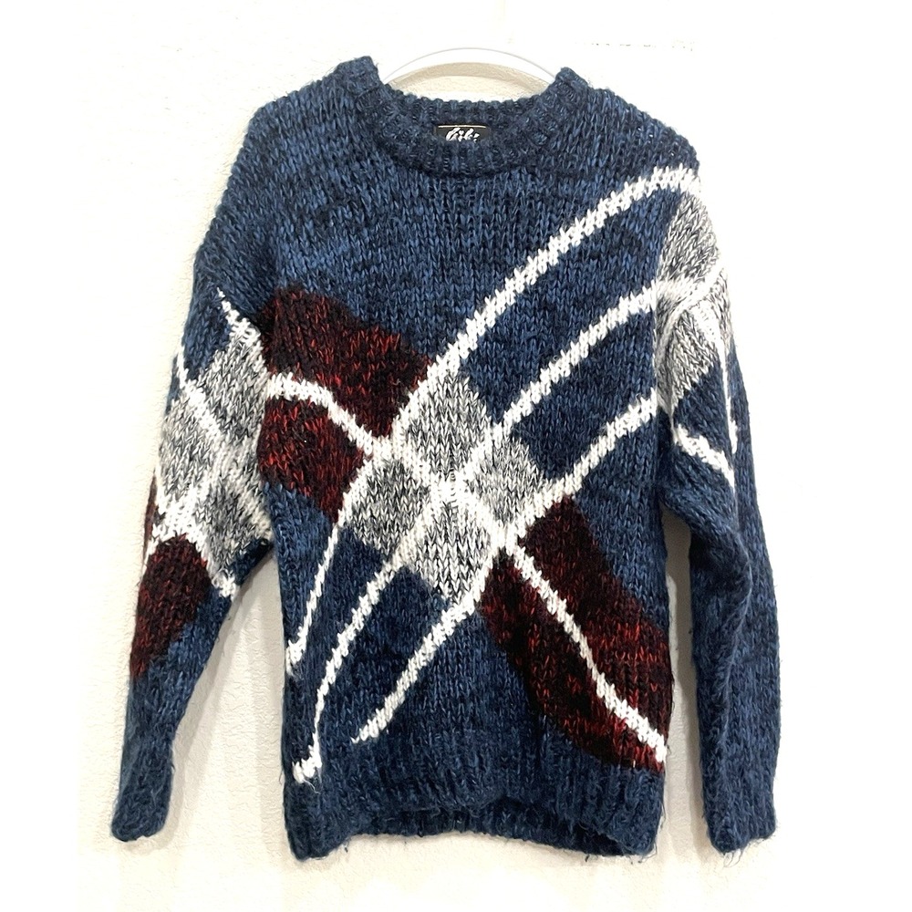 100% Lambswool‎ Men's Blue Sweater Large XL Striped Winter Warm Wool Vintage
